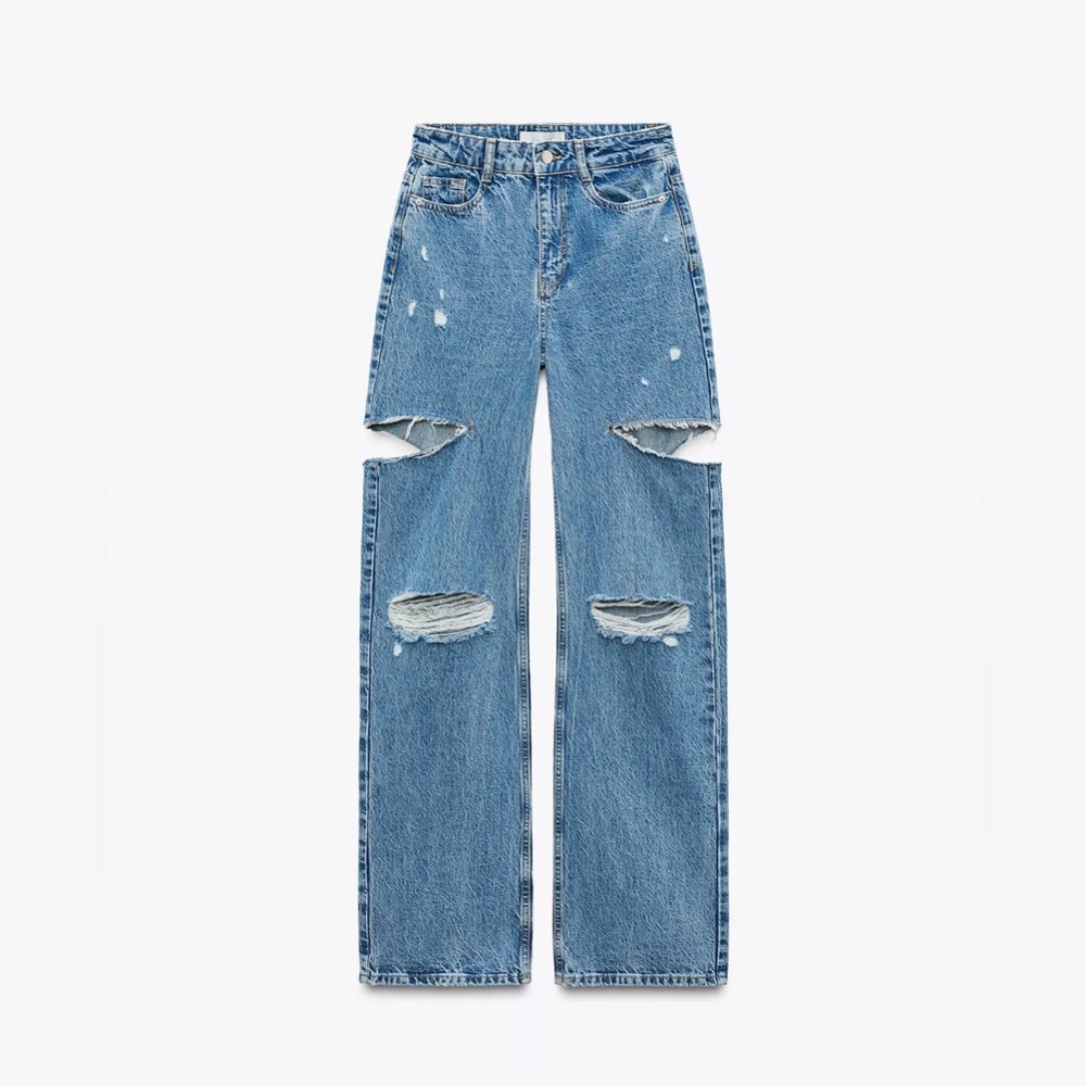 Zara- HIGH-WAISTED STRAIGHT LEG RIPPED JEANS